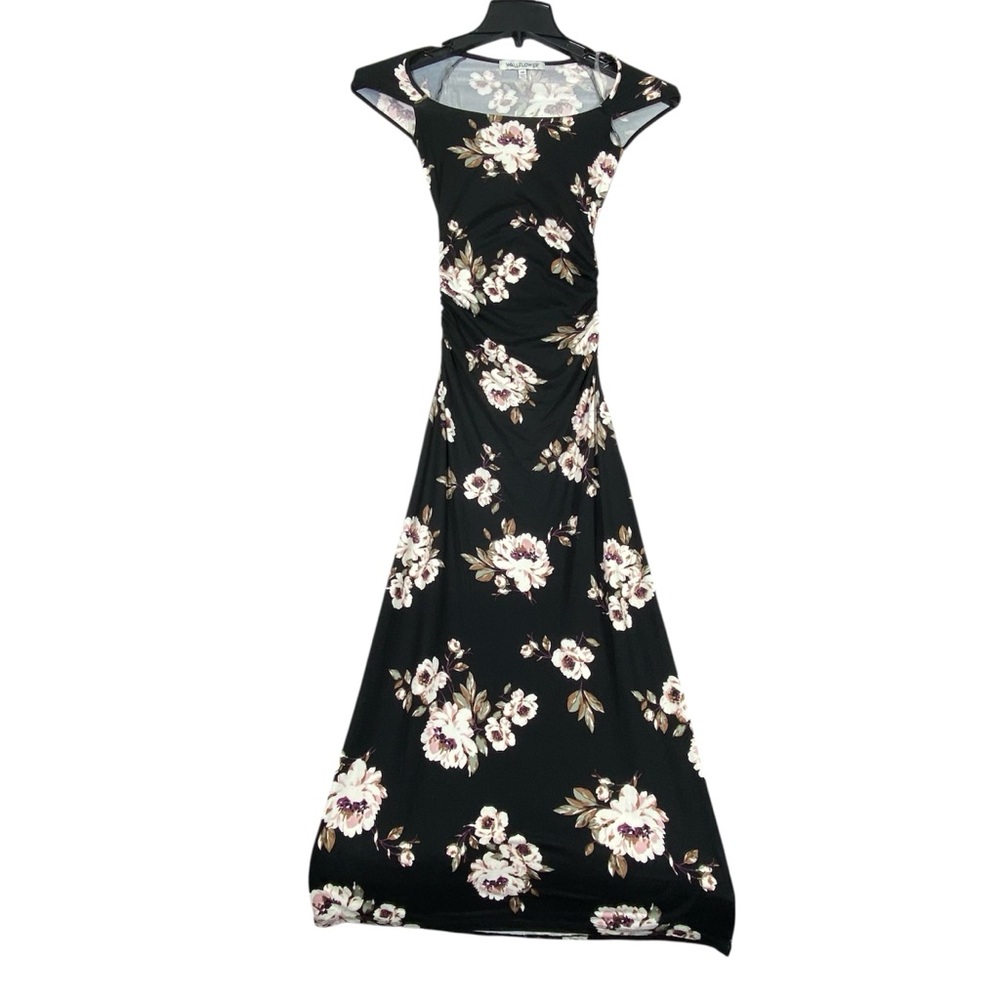 Wallflower Black Floral Midi Dress Women's XXS Cap Sleeve Scoop Neck Fitted NWT
